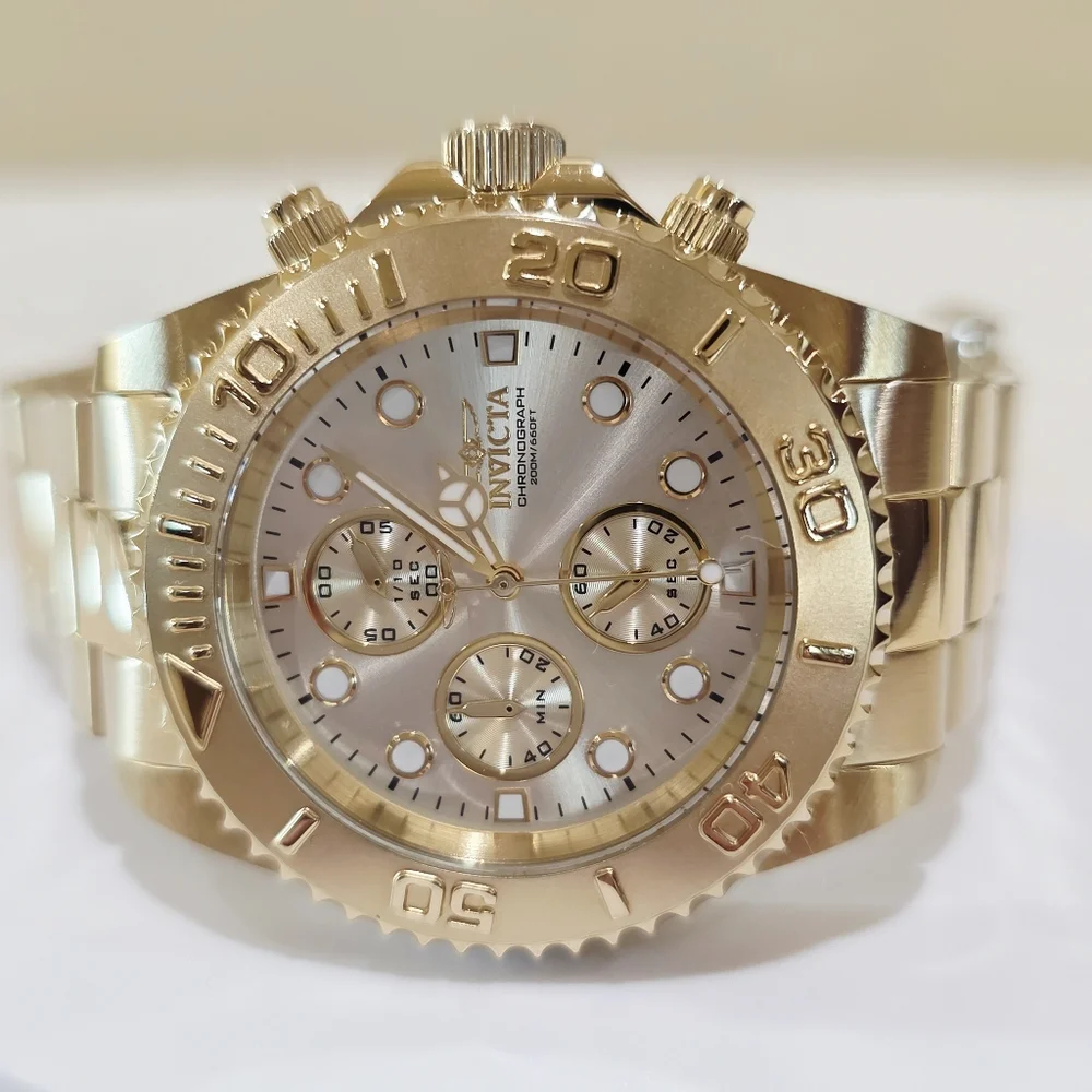 Invicta Pro Diver Chronograph Gold Men's Watch #1774 Large MSRP $695 Running